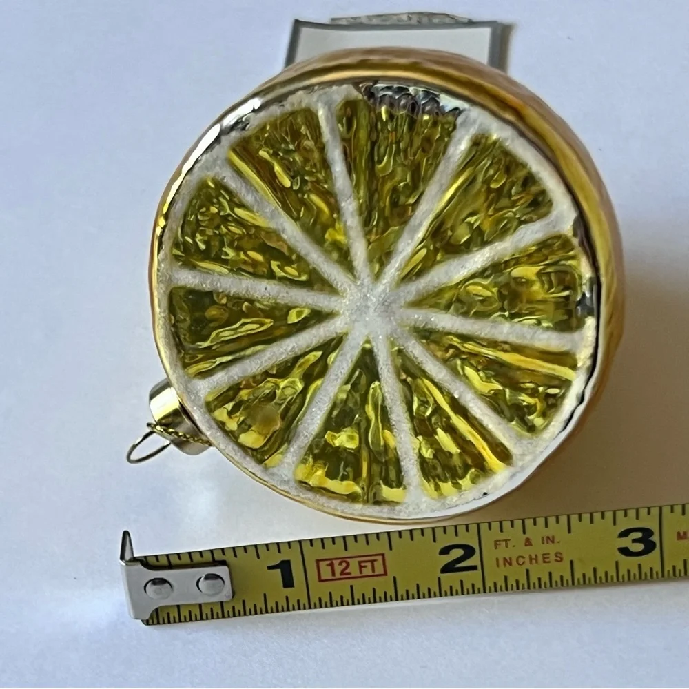 SILVER TREE HALF LEMON GLASS CHRISTMAS ORNAMENT YELLOW 3” NWT